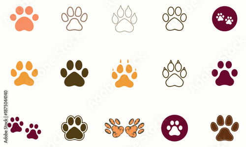 Animal paw print silhouette collection, big cat tracks, creative vector set, unique wildlife design illustration.	