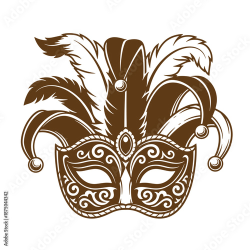 Vintage brownjestermaskwithfeathersisolatedonwhitebackgroundforcarnivalorfancyparty