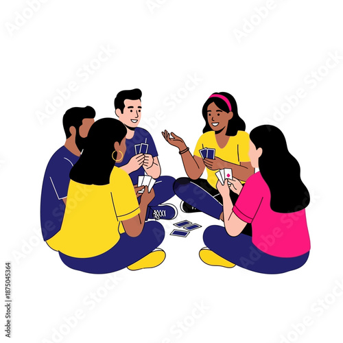 Group of diverse happy friends sitting in a circle on the floor playing cards game together vector illustration isolated on white