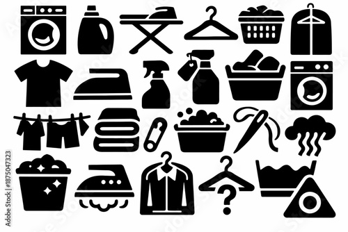 Laundry icons: washing, ironing, folding, detergent, hanger, clothes care collection