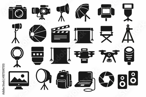 Photography equipment icons: cameras, lights, drones, tripod, lens, backdrop