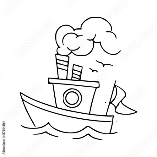 cute steamboat vector illustration with smoke and waves line art
