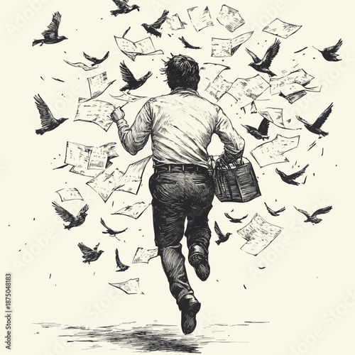 businessman running after papers that turn into birds, symbolizing lost opportunities or ideas sketch engraving generative ai fictional character vector illustration