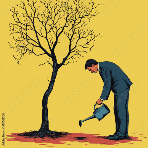 businessman watering a leafless, dying tree, representing wasted effort, poor investment, or failed growth
