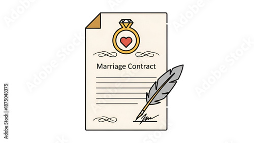 Marriage Contract Document with Quill Pen and Heart Emblem
