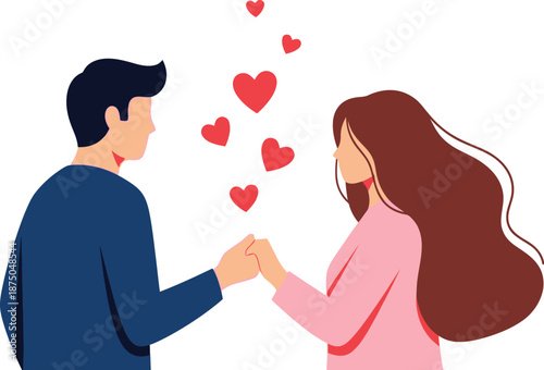 Illustration depicting a loving couple holding hands while bright red hearts float upwards signifying deep romantic affection and emotional connection between partners