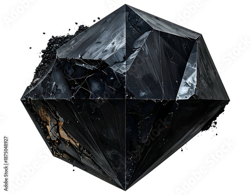 Geometric gem with fractured surfaces, a dark, reflective crystal