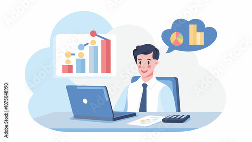 Businessman seated at desk with laptop and calculator analyzing data on screen