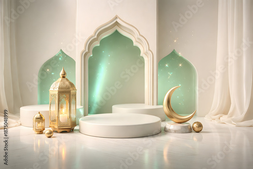 Abstract emerald light accents over ivory surfaces creating modern Eid festive background