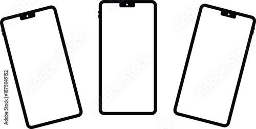 Set of 3 Minimalist Black Outline Smartphone Mockups with White Screens