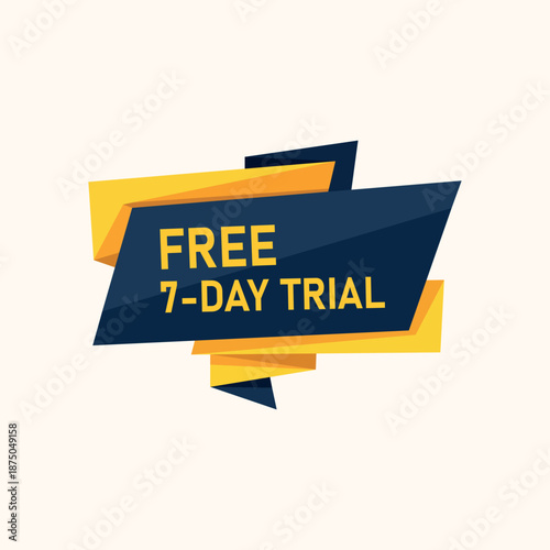 A vibrant yellow and navy blue banner advertises a free seven day trial offer