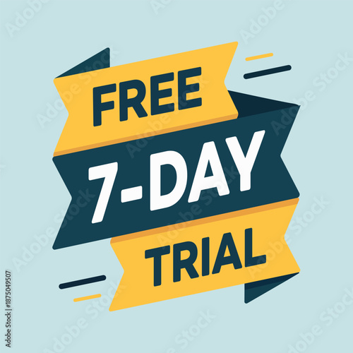 A vibrant yellow and dark blue banner advertises a free seven day trial offer