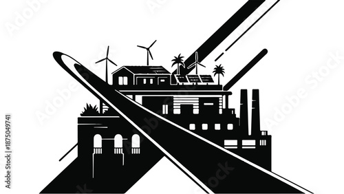 Modern sustainable city skyline blends industry with green energy for a brighter future