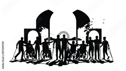 Diverse group of people with disabilities celebrating together with outstretched arms