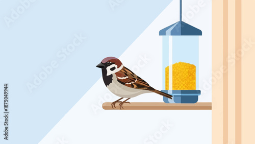 A vector illustration of a small sparrow perched on a bird feeder filled with yellow seeds
