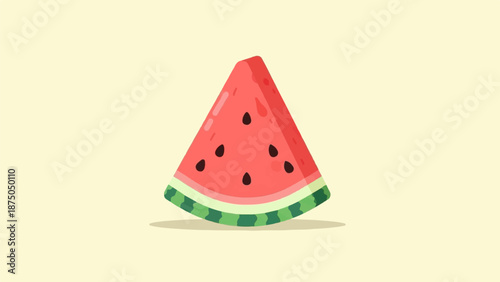 A vibrant, cartoon-style illustration of a juicy watermelon slice against a pale yellow background