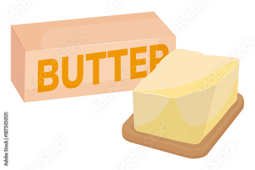 Fotografia Vector illustration of a butter stick in packaging and a piece of fresh butter on a wooden board