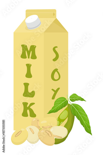 Vector illustration of a soy milk carton box with soybeans and a green leaf isolated on white background. Healthy plant-based dairy alternative and vegan beverage concept.