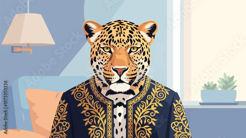 A well-dressed anthropomorphic leopard with golden eyes sits for a portrait in a modern interior