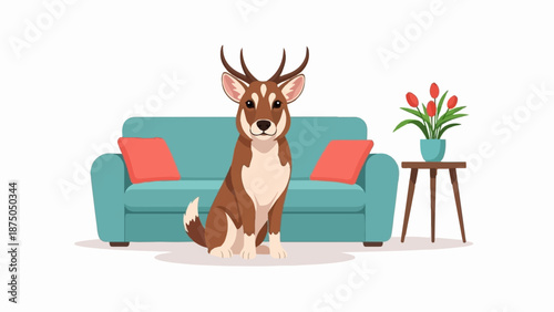 A whimsical cartoon deer-dog sits in a modern living room by a turquoise sofa and a vase of tulips