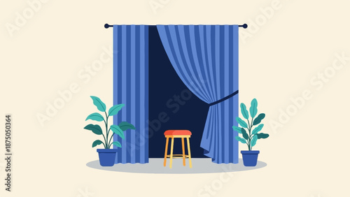 An empty stool sits before a parted blue curtain, flanked by potted plants in a simple illustration