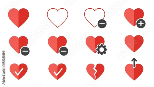 Red Heart Icons Set with Various Emotions and Actions Isolated on White