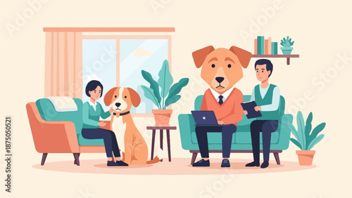 A whimsical therapy session with an anthropomorphic dog counselor, a man, a woman, and her pet dog