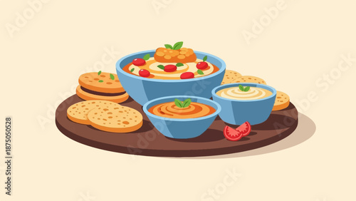 An illustrated platter of dips and crackers on a wooden board, garnished with fresh toppings