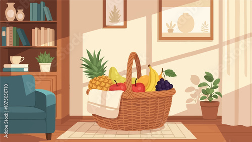 An illustration of a cozy, sunlit room featuring a large wicker basket brimming with fresh fruit