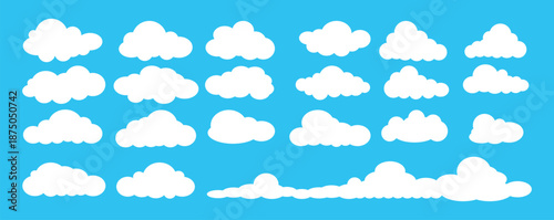A charming collection of various white cartoon clouds floating serenely in a blue sky