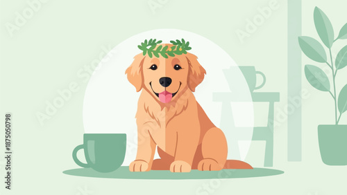 An illustration of a happy golden retriever puppy wearing a leafy crown in a cozy indoor setting