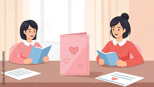 An illustration of a mother and daughter reading and writing heartfelt cards at a wooden table