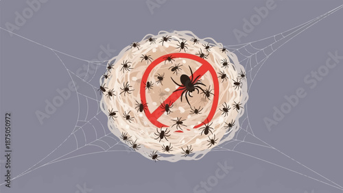An illustration of a spider infestation in a nest with a red 'no' symbol, set upon a web