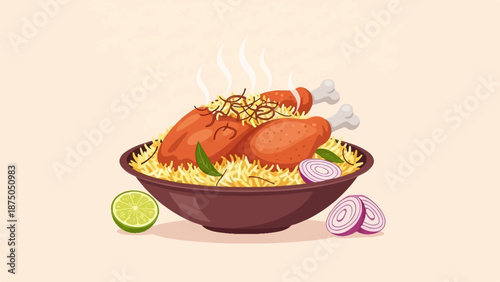 An illustration of a steaming bowl of rice with roasted chicken, garnished with herbs and onions