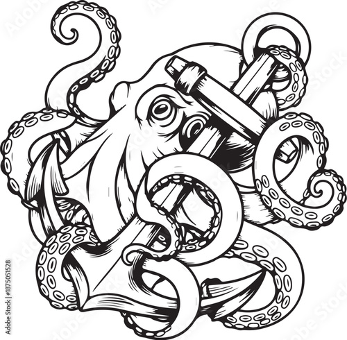 Octopus Anchor Nautical Tattoo Vector Set