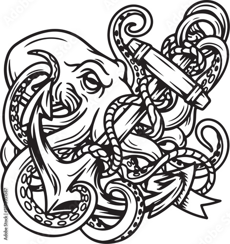 Octopus Anchor Nautical Tattoo Vector Set