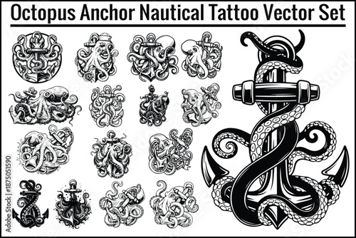Octopus Anchor Nautical Tattoo Vector Set