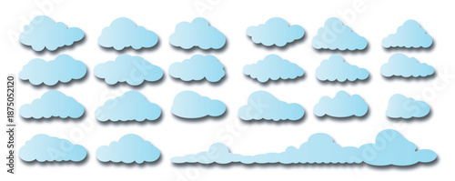 Collection of various light blue stylized cloud shapes with soft shadows