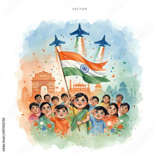 Republic day of india. patriotic children and salute indian flag  celebration background.