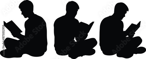 Silhouettes of young men sitting on the floor reading books, symbolizing education, learning, knowledge, studying, focus, and personal development in a calm academic environment.