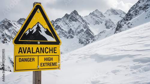 Avalanche warning sign indicating high danger in snowy mountains  