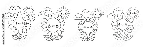 Cute sunflower with happy sun and clouds characters for weather and nature coloring