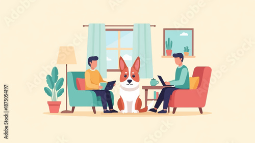 An illustration of two men working remotely on laptops with their dog in a cozy living room