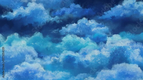 Dreamy watercolor clouds in various shades of blue and white fill the canvas