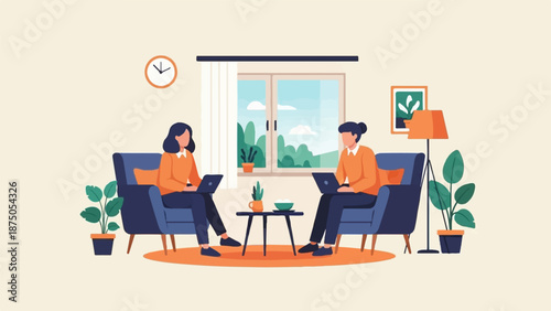 An illustration of two women working remotely from home, sitting in armchairs with their laptops