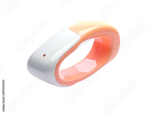 A modern, minimalist wrist-worn device in white and orange gradients
