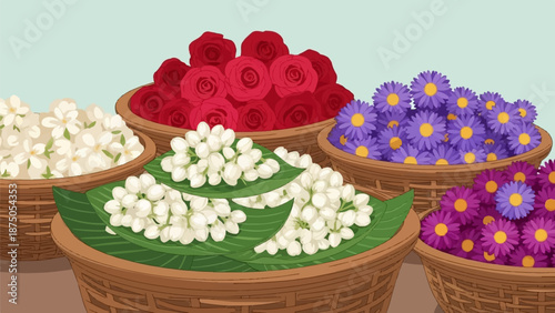 An illustration of woven baskets filled with colorful roses, jasmine, and asters at a market
