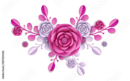 3D Paper Cut Rose Flower Arrangement. Pink and Purple Papercraft Floral Bouquet for Mother's Day, Valentine's Day, and Wedding Decor. Luxury Botanical Paper Art Vector Graphic