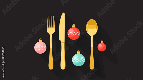 Festive flat lay illustration with golden silverware and colorful Christmas baubles on a dark backdrop