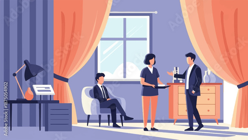 Flat illustration of a business meeting in an office, with a woman serving two men in suits